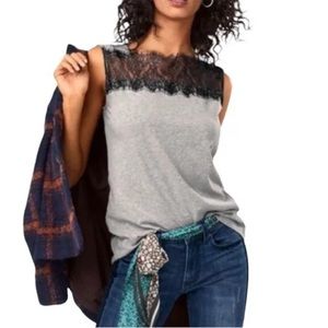 Cabi Zadie Lacey T, never worn, size M, style 3815. Grey with black lace detail